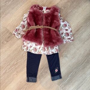 Little Lass Pink Floral Top and Faux Fur Vest Set